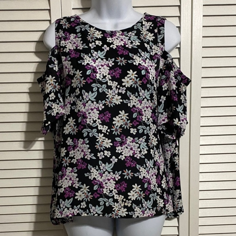 Express Black and Purple Floral Cold Shoulder Top